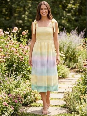 LC Lauren Conrad Yellow Gingham Smocked Midi Sundress